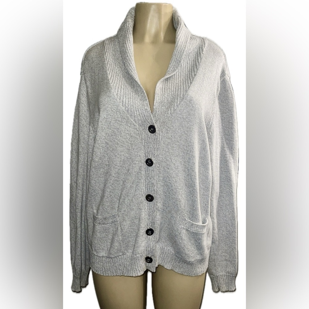 Karen Scott Button Up Shawl Collar Sweater w/ Pockets 100% Cotton Gray XL